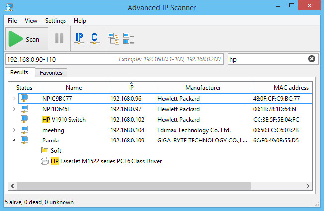 Advanced IP Scanner network testing tool interface