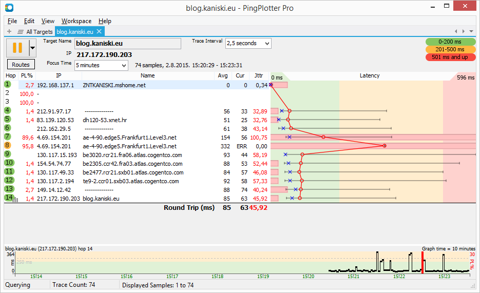 PingPlotter Network Testing tool interface